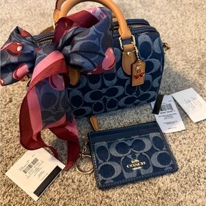 Coach Mini Rowan Blue Signature Handbag and Cardholder Set